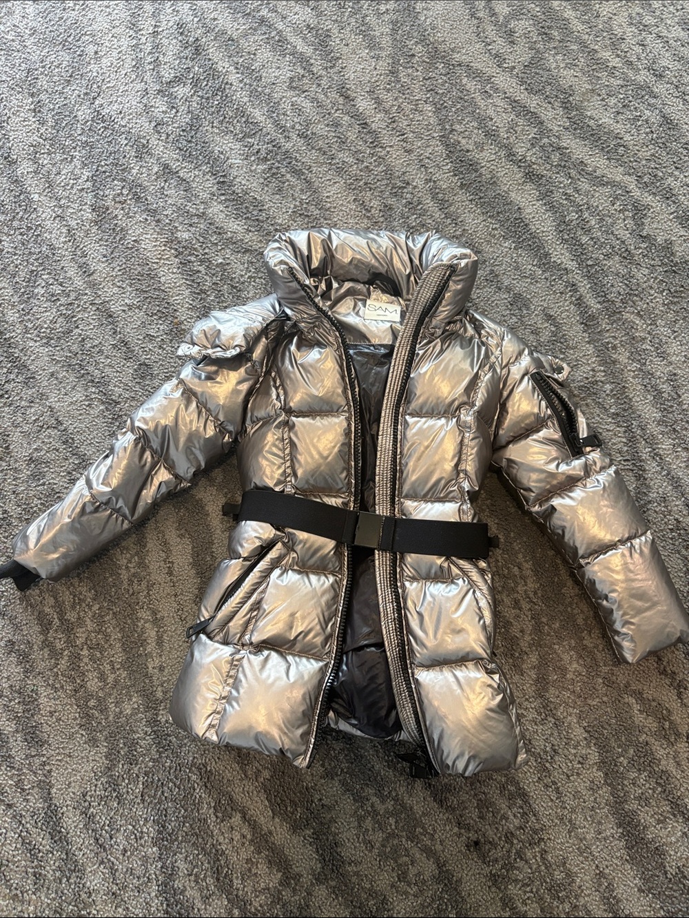 SAM. Metallic Silver Belted Kids Puffer Jacket. Hardly used . Size 6